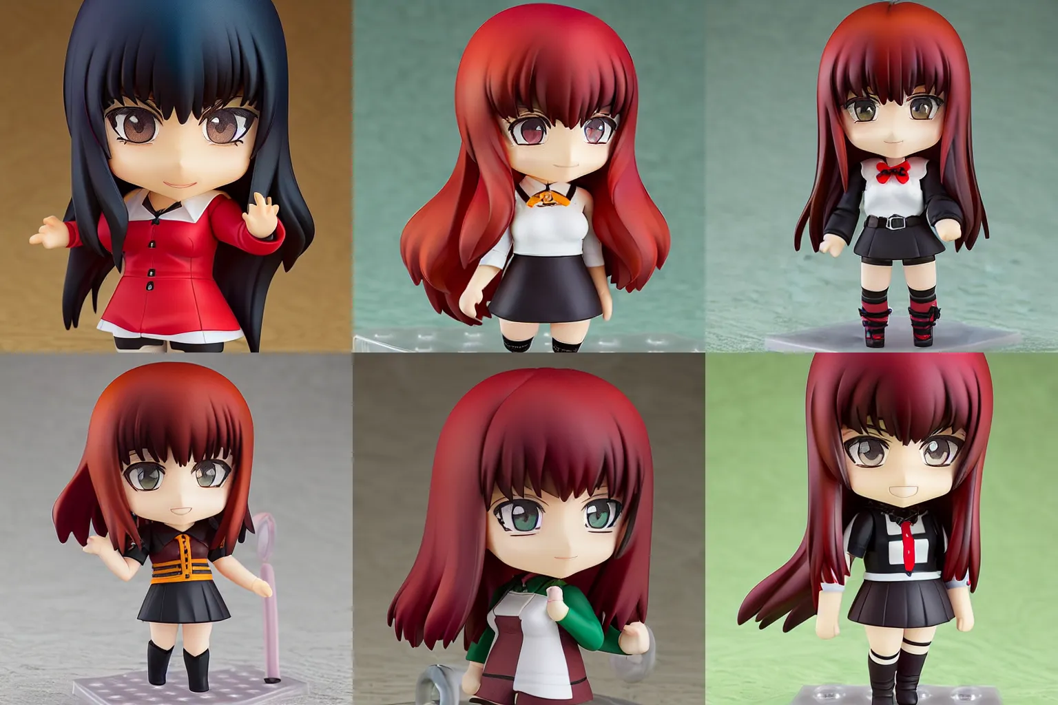 Prompt: nendoroid of a girl with vibrant red long hair with bangs green eyes freckles goth clothes