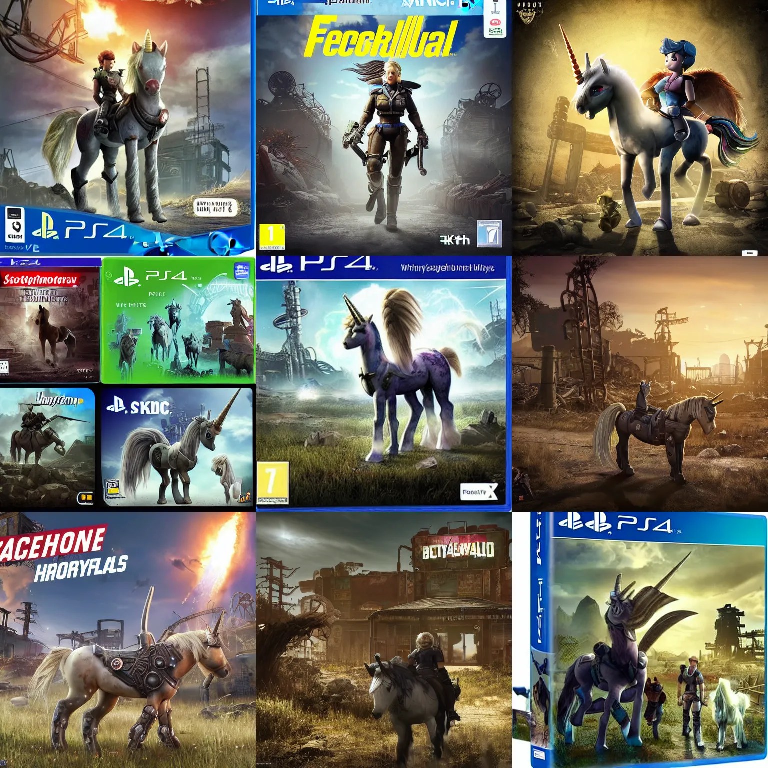 Prompt: ps 4 game box front cover for fallout : equestria | fallout 4 ps 4 cover art white unicorn pony with brown shaggy mane with glowing green magic around her horn looking at the viewer | quadrupedal, epic stark lighting, solo pony treading ponyville ruins, trending on derpibooru, 8 k, my little pony : friendship is magic, fallout, crossover