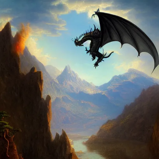 Prompt: A dragon flying over the mountains, digital art, trending on artstation, HDR, by Albert Bierstadt, nicely detailed