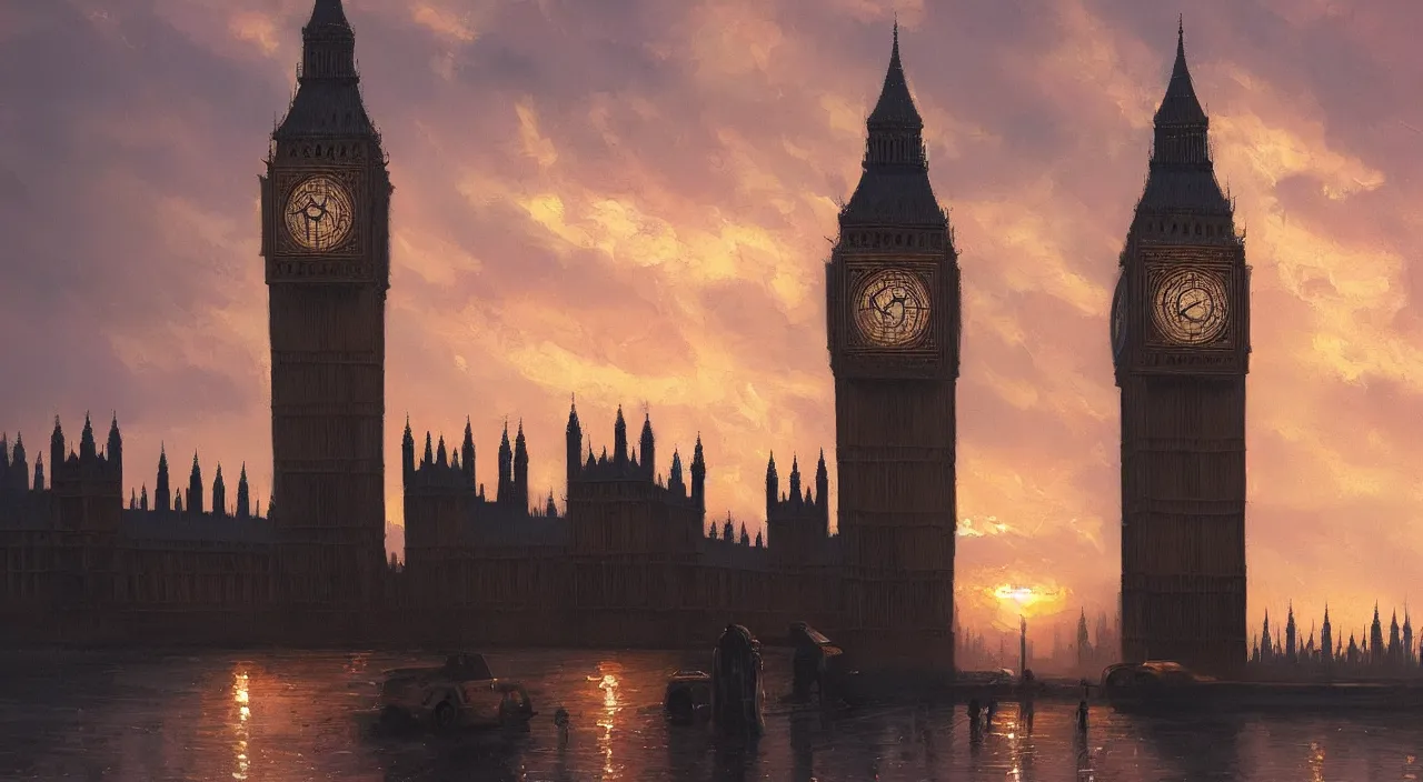 Prompt: oil painting of london big ben at sunset, natural light, concept art, by greg rutkowski, cozy atmospheric and cinematic lighting