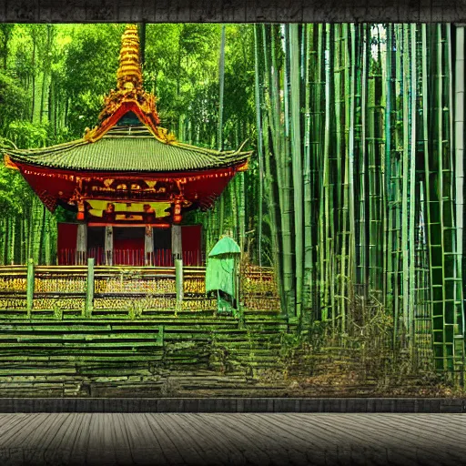 Image similar to Fighting game stage background, forest, Buddhist temple, bamboo, by Katuhiro Otomo