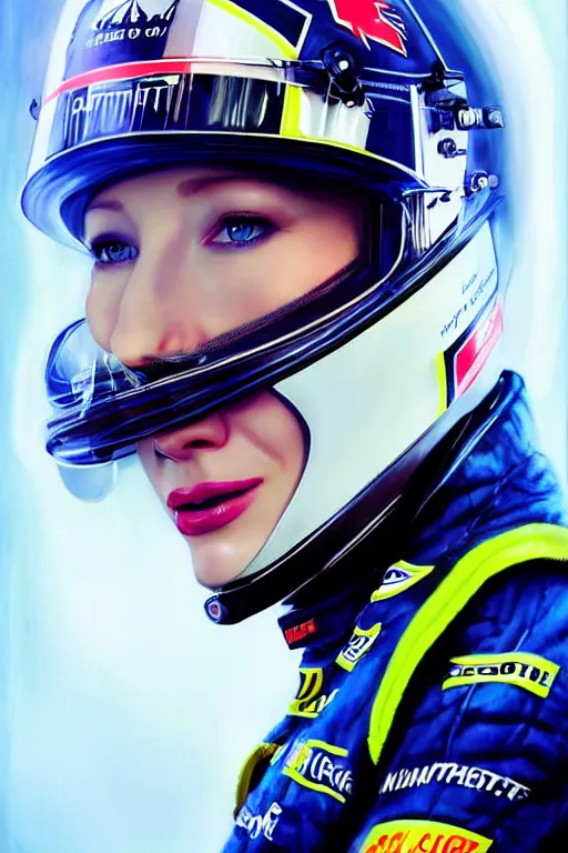 Image similar to portrait of cate blanchett dressed as a formula one racer, wearing formula one racer uniform, at formula one racing car repair room, ssci-fi, fantasy, intricate, very very beautiful, elegant, human anatomy, neon light, highly detailed, digital painting, artstation, concept art, soft light, smooth, sharp focus, illustration, art by tian zi and WLOP and alphonse mucha