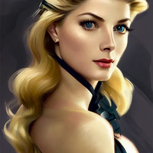 Image similar to A combination of Grace Kelly's and Katheryn Winnick's and Ashley Greene's faces with long eyelash makeup as Solid Snake, western, fantasy, intricate, elegant, highly detailed, digital painting, artstation, concept art, matte, sharp focus, illustration, half body portrait, art by Artgerm and Greg Rutkowski and Alphonse Mucha