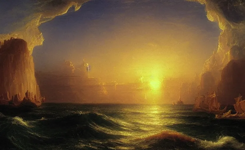 Prompt: a city of light and gold under the ancient runs of the ocean painted by thomas cole