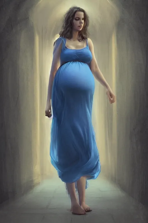 Image similar to pregnant woman in a short blue dress in night under street light, highly detailed, sharp focused, ultra realistic digital concept art by Edwin Longsden Long, Charlie Bowater