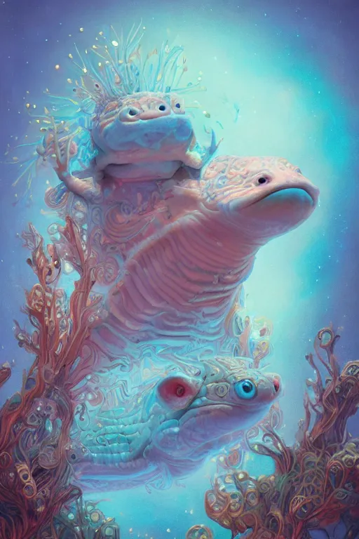 Image similar to Bioluminescent, portrait of axolotl wearing wizard hat, very intricate , trending on artstation , very elegant, in the golden hour by Daniel Merriam, Trending on Artstation, oil on Canvas by Elena Zhurikhina and Goro Fujita and Charlie Bowater, octane render, 4k, 8k, HD