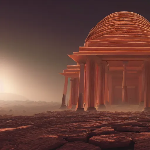 Image similar to mars architecture, temple of enlightenment, beams of light shining out from temple, parametricism, computational, moody, concept art, 8k