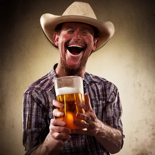 Image similar to epic portrait cinematic shot cowboy laughing and enjoy his drink of beer with friends, photography, realistic, detailed,