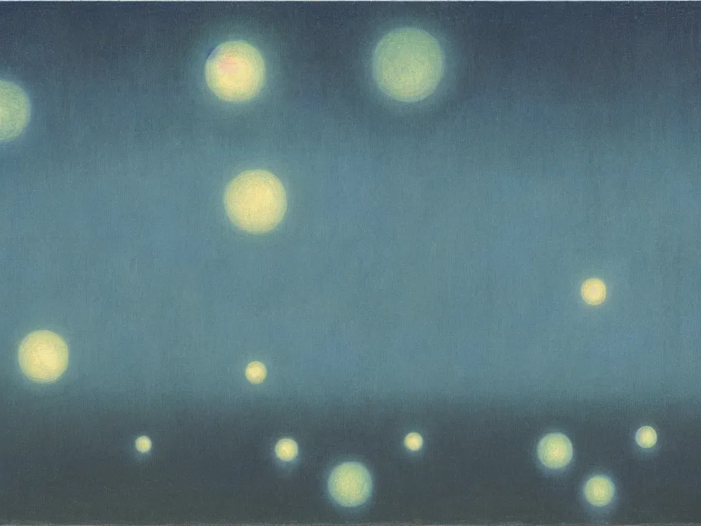 Prompt: bioluminescent spheres floating in row to infinity above the dark waters. painting by agnes pelton, max ernst, rene magritte, bosch.