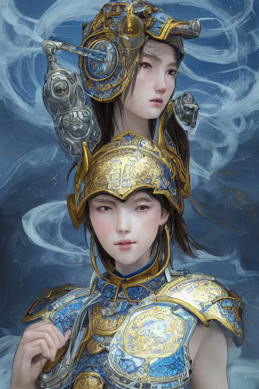 Image similar to portrait knights of Zodiac girl, Chinese Blue and white porcelain color reflected armor, in ruined Agora of Athens, ssci-fi, fantasy, intricate, very very beautiful, elegant, golden light, highly detailed, digital painting, artstation, concept art, smooth, sharp focus, illustration, art by tian zi and WLOP and alphonse mucha