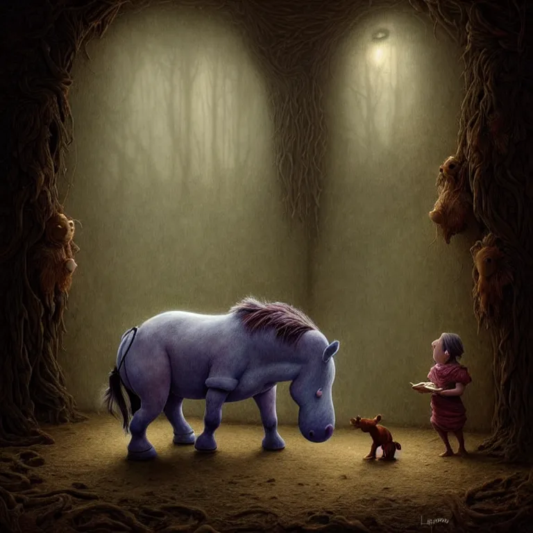 Image similar to epic professional digital art of hungry eeyore, ambient lighting, painted, intricate, detailed, foreboding, by leesha hannigan, wayne haag, reyna rochin, ignacio fernandez rios, mark ryden, iris van herpen,, epic, stunning, gorgeous, much wow, cinematic, masterpiece.