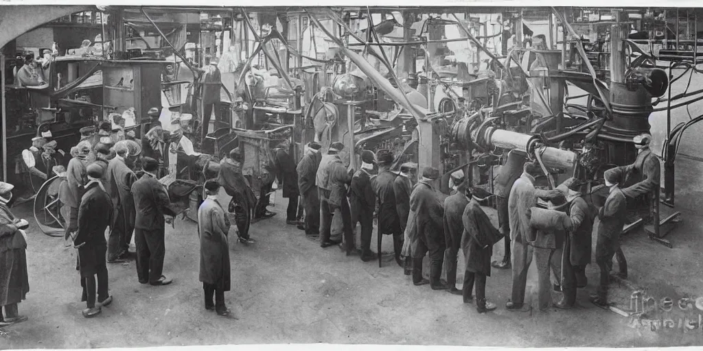 Image similar to people gathered around a machine that makes, 1 9 0 0 s photograph