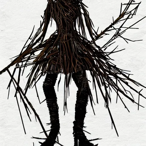 Image similar to concept art of a scary female scarecrow made of twigs metal bars and old clothes