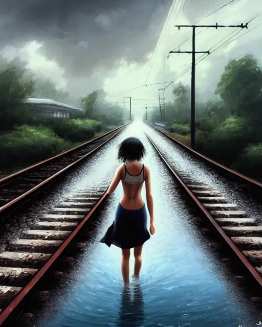 Prompt: photo of girl walking along train tracks that are submerged under a few inches of water toward a station in the distance, large white clouds, intricate, elegant, highly detailed, digital painting, artstation, concept art, smooth, sharp focus, illustration, art by artgerm and greg rutkowski and fra angelico