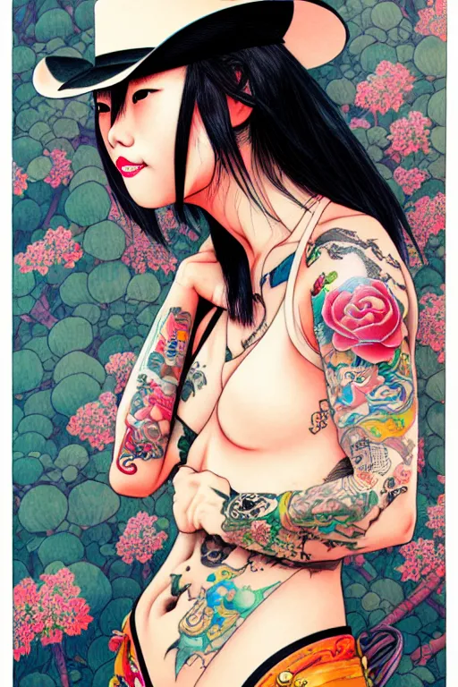 Image similar to full view of taiwanese girl with tattoos, wearing a cowboy hat, style of yoshii chie and hikari shimoda and martine johanna and will eisner, highly detailed