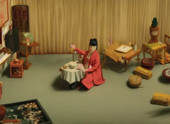 Prompt: Still frame from scene from the retro Twin Peaks japanese miniatures diorama, directed by Nobuhiko Obayashi