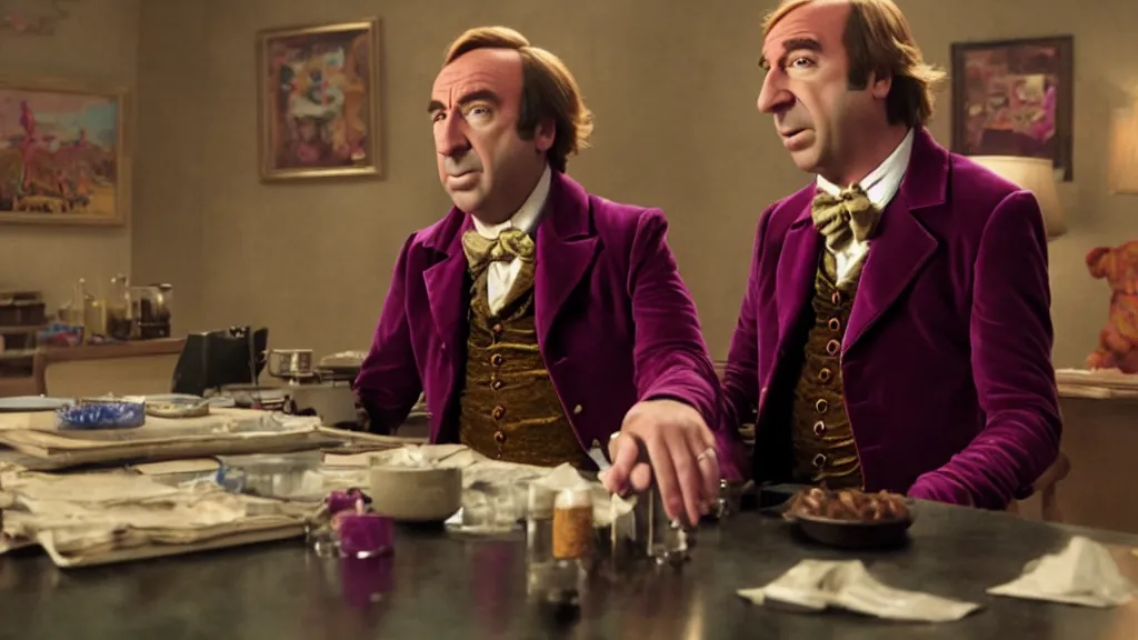 Image similar to saul goodman as Willy Wonka, film still from the movie directed by Denis Villeneuve with art direction by Salvador Dalí, wide lens