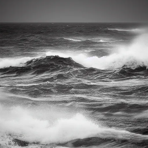 Prompt: dark ocean, towering waves, grey - scale, highly turbulent, deep focus, no sky, elevation view, hidden hands and faces