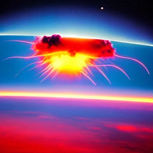 Image similar to nuclear explosion from space, neon lights