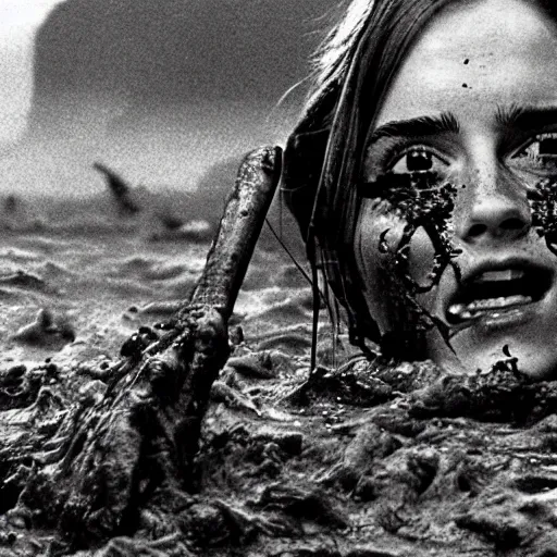 Image similar to film still, close up, emma watson rising out of muddy vietnam river, face covered in mud, low camera angle at water level, night time, film still from apocalypse now ( 1 9 7 9 ), 2 6 mm