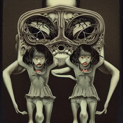 Image similar to polaroid photo :: creepy twins, black background:: by Martine Johanna and Simon Stålenhag and Chie Yoshii and Casey Weldon and Guillermo del toro :: ornate, dynamic, particulate, intricate, elegant, highly detailed, centered, artstation, smooth, sharp focus, octane render, 3d