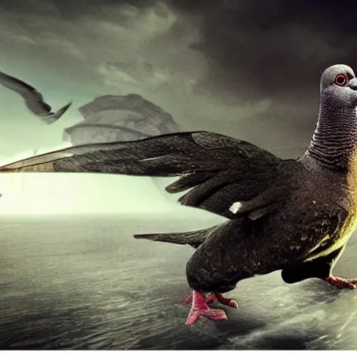 Image similar to Stunning Hyperealistic portrait of a pigeon as Godzilla destroying Sydney city