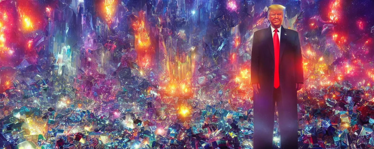 Image similar to donald trump made of shiny diamonds and crystals, [ shards, facets, by paul lehr, cinematic, detailed, epic, widescreen, opening, establishing, mattepainting, photorealistic, realistic textures, octane render ]