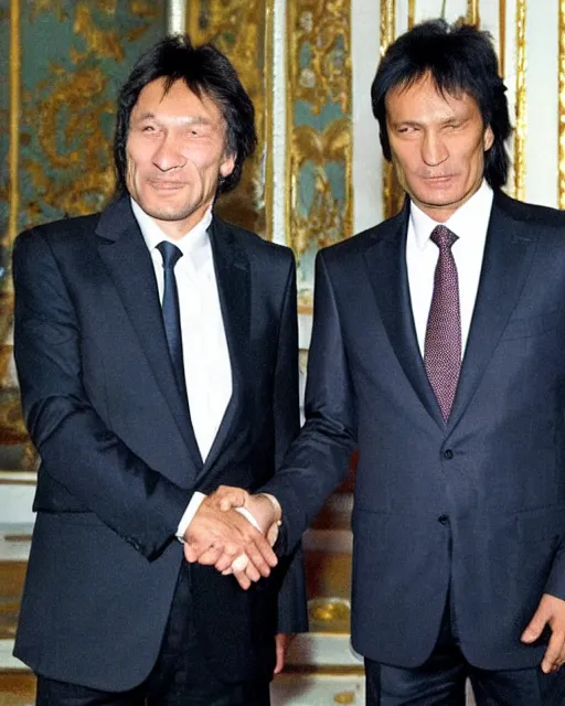 Image similar to sixty years old viktor tsoi with joyful look in a business suit shaking hands with vladimir putin in kremlin, mscow, color photo, mid shot photo, digital photo, 4 k