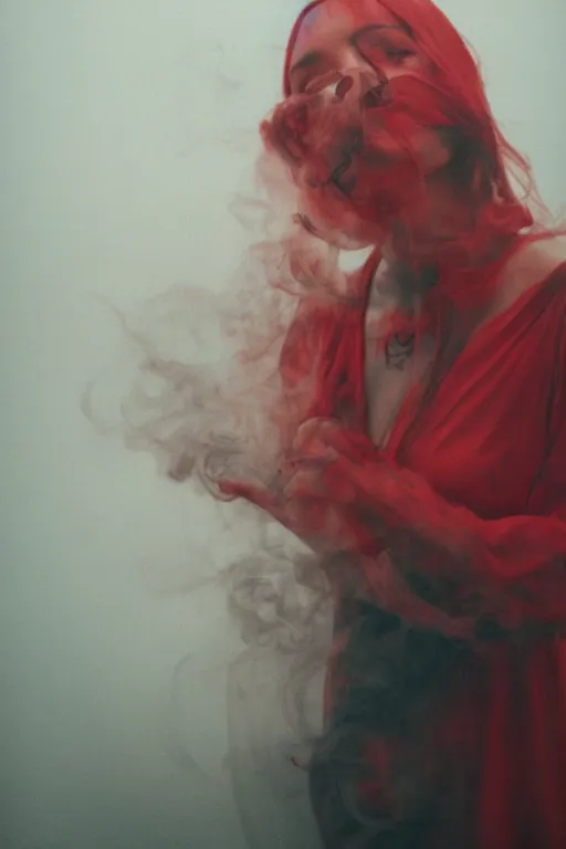 Prompt: tattooed beautiful cult girl smoke swirling and smiling, red dress, symmetric, dark, moody, eerie religious composition, photorealistic oil painting, post modernist layering, by Sean Yoro