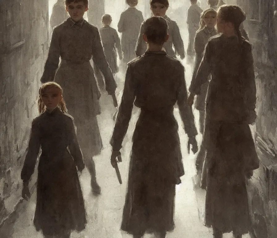 Prompt: wall in hallway | queue of 1 9 6 0 s soviet pedestrians in row against wall | one sadie sink in oversized school uniform. film concept art. by greg rutkowski, greg staples, gustave courbet, rosa bonheur, noah bradley. sharp focus, cinematic atmosphere, detailed and intricate, perfect anatomy