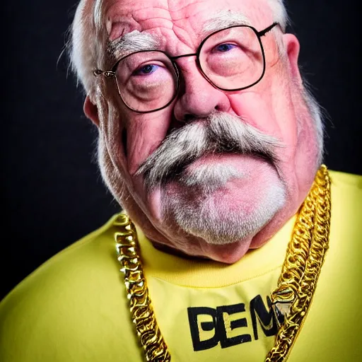 Image similar to dslr portrait photo still of!!! wilfred brimley!!! as a gangsta rapper with gold chains and gold teeth grills growling at camera!!! holding up his hand to show off his large ornate rings!!!, 8 k, 8 5 mm f 1. 8