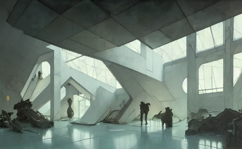 Prompt: painting of interior shot of a white concerete brutalist contemporary art museum by darek zabrocki and greg ruthkowski, alphonse mucha, simon stalenhag and cinematic and blue cold atmospheric, archillect concept art, artstation, trending on artstation