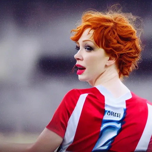 Image similar to Christina Hendricks as soccer player scoring goal, realistic, 4k,