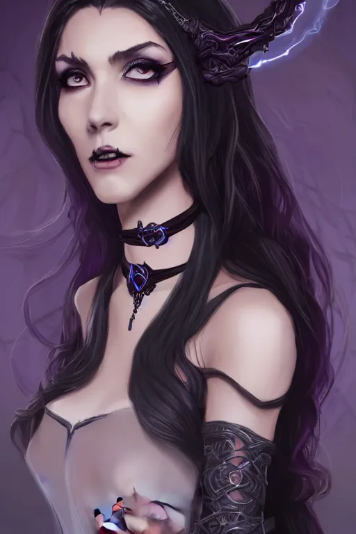 Prompt: portrait of a gorgeous female warlock, looking at camera, D&D, choker on neck, stylish dark dress, arcane symbols, mouth slightly open, very long flowing hair, intricate, elegant, stylish, cute slightly nerdy smile, fantasy, extremely detailed, digital painting, artstation, concept art, smooth, sharp focus, illustration, stunning lighting, art by artgerm and greg rutkowski and alphonse mucha and simon stalenhag