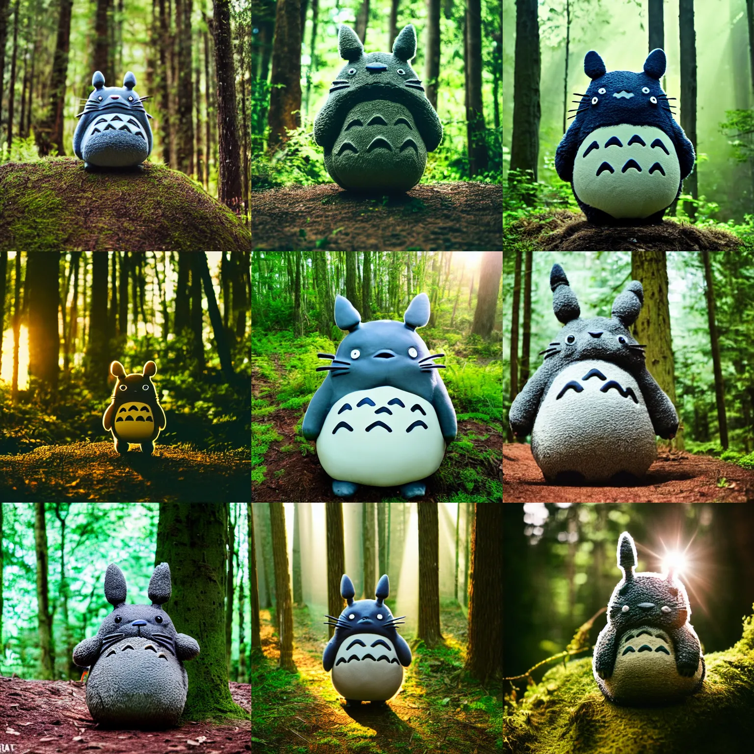 Prompt: Adorable life sized totoro standing at a distance in the forest. Backlit with rays of sunlight. 35mm.