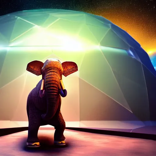 Prompt: a hyperrealistic 3D octane render of an elephant wearing virtual reality goggles playing a synthesizer inside of a geodesic dome planetarium with planets and galaxies, trending on artstation, 8k, 4K, dramatic lighting, glowing, volumetric lighting, ray tracing, unreal engine
