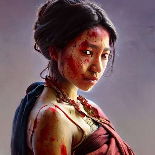 Image similar to portrait painting of a bloodied nepali female butcher wearing sari, ultra realistic, concept art, intricate details, eerie, highly detailed, photorealistic, octane render, 8 k, unreal engine. art by artgerm and greg rutkowski and alphonse mucha