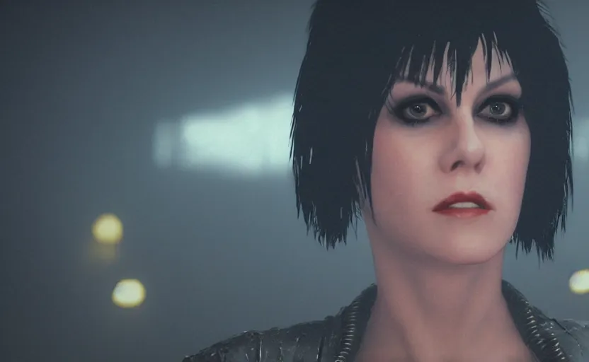 Prompt: a screenshot portrait still of joan jett in blade runner, moebius, greg rutkowski, zabrocki, karlkka, jayison devadas, phuoc quan, trending on artstation, 8 k, ultra wide angle, video game graphics, realistic unreal engine 3 d game, zenith view, cyberpunk pincushion lens effect