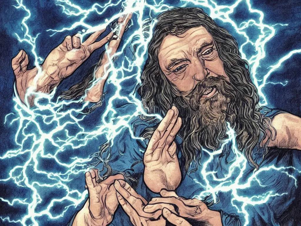 Image similar to jesus christ as a superhero with wavey hair and white eyes floating above the water shooting lightning out of his hands, drawn by alan moore, graphic novel,