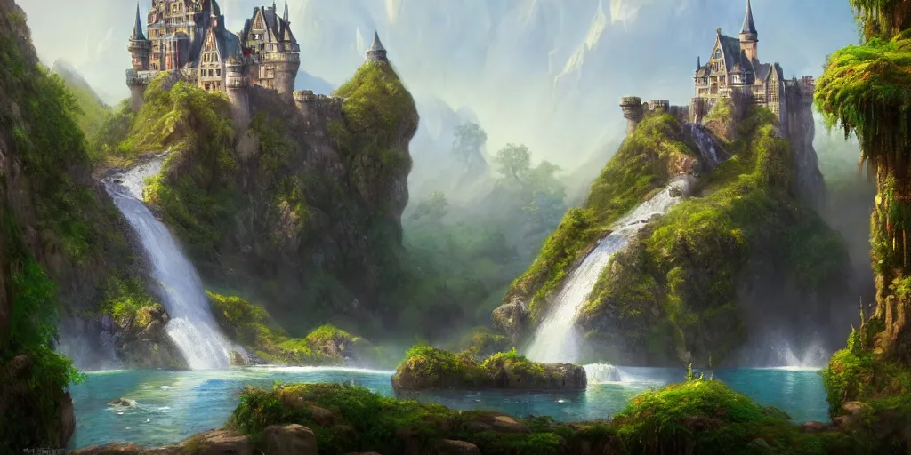 Image similar to a painting of a castle with a waterfall in front of it, a detailed matte painting by tyler edlin, featured on cgsociety, arts and crafts movement, artstation hq, unreal engine 5, unreal engine