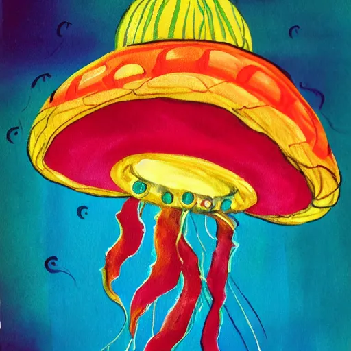 Prompt: jellyfish wearing a sombrero at a party, expressionism