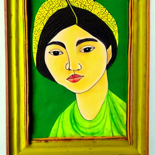 Image similar to Female character, green background, full of yellow leaves, in the artistic style of Hilda Palafox, Poni, textile painting