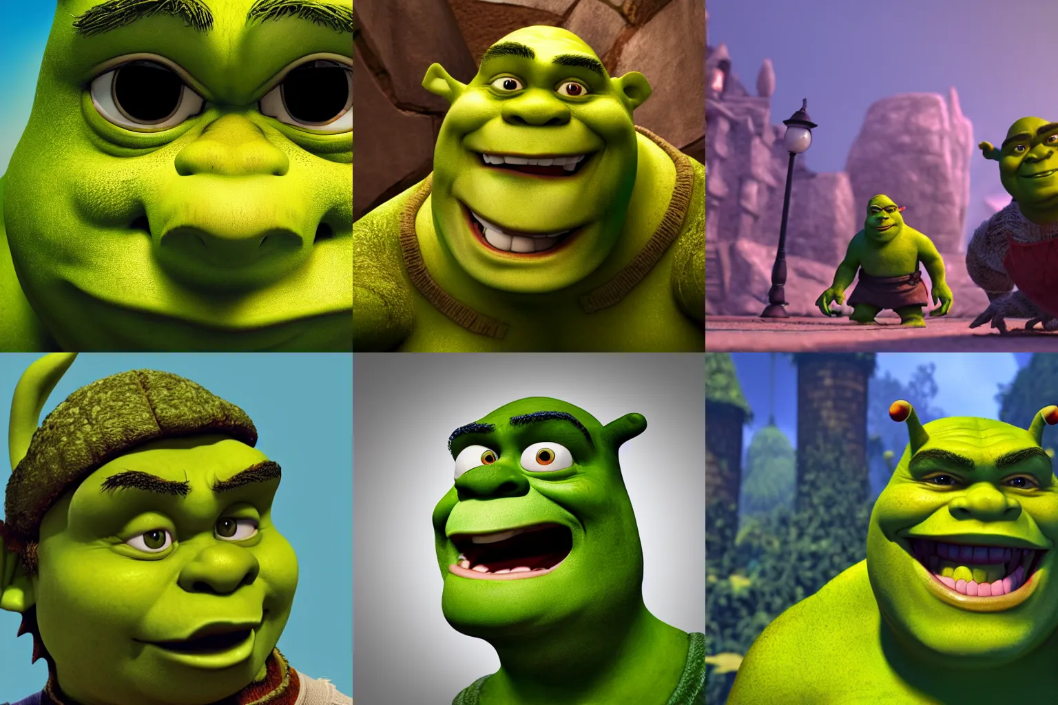 Prompt: Shrek is very angry, worm\'s eye view, fisheye lens, octane render