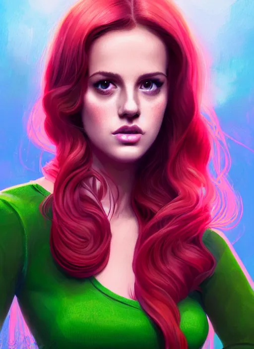 Image similar to full body portrait of teenage cheryl blossom, bangs, green eyes, sultry expression, red hair, sultry smirk, bangs and wavy hair, pink skirt, intricate, elegant, glowing lights, highly detailed, digital painting, artstation, concept art, smooth, sharp focus, illustration, art by wlop, mars ravelo and greg rutkowski