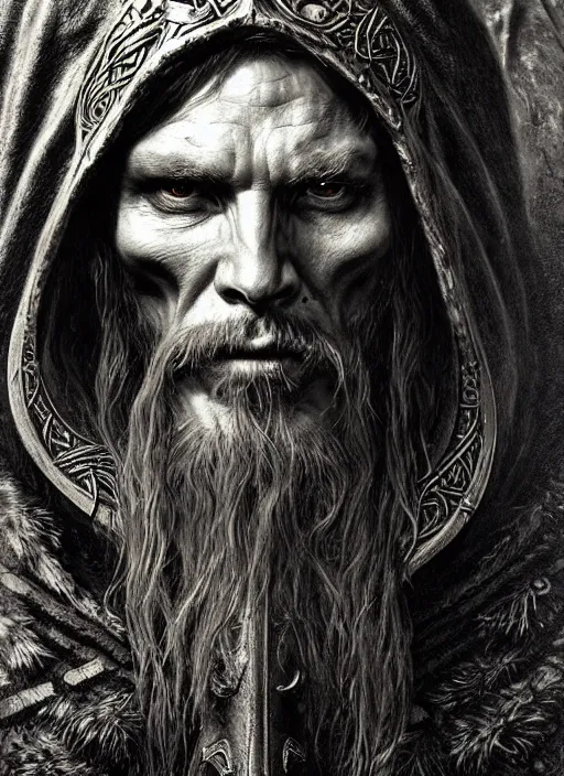 Image similar to viking shaman wearing a skull mask and wearing a cloak, engraving, concept art, elden ring, illustration, smooth, sharp focus, by gustave dore and greg rutkowski, hyper realistic face, piercing eyes, fantasy art, in the style of midjourney, intricate, alphonse mucha, hyper detailed