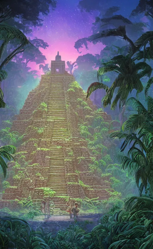 Prompt: a mayan temple, microscopic tardigrade, microbiology, magical forest, ruins, civilization, vegetation, futuristic, sharp focus, electric swirls, backlight, risograph, intricate details, disney pixar, james gilleard, moebius, print, iridescent, global illumination, anime, game art