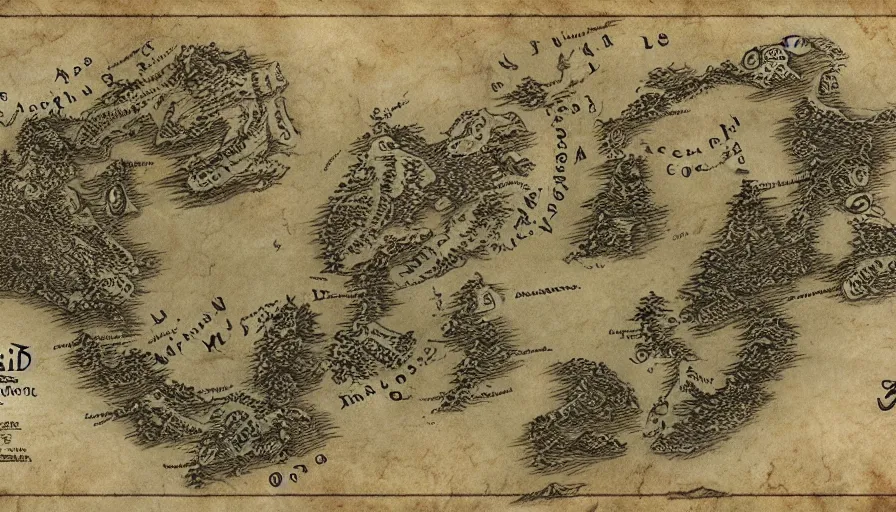 Image similar to very detailed and realistic map of Middle-earth, trending on artstation