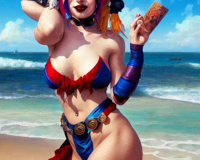 Image similar to photography of harley quinn in bikini at the beach, deep focus, d & d and mtg, fantasy, intricate, elegant, highly detailed, digital painting, artstation, concept art, matte, sharp focus, illustration, hearthstone, art by artgerm and greg rutkowski and alphonse mucha