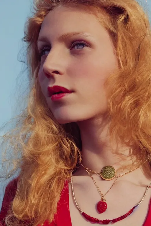 Image similar to vintage photograph of an olive skinned female model with strawberry blonde hair in her twenties, her hair pinned up, wearing a designer top and one gold standard chain necklace, looking content, focused on her neck, photo realistic, extreme detail skin, natural beauty, no filter, slr, golden hour, 4 k, high definition, selfie