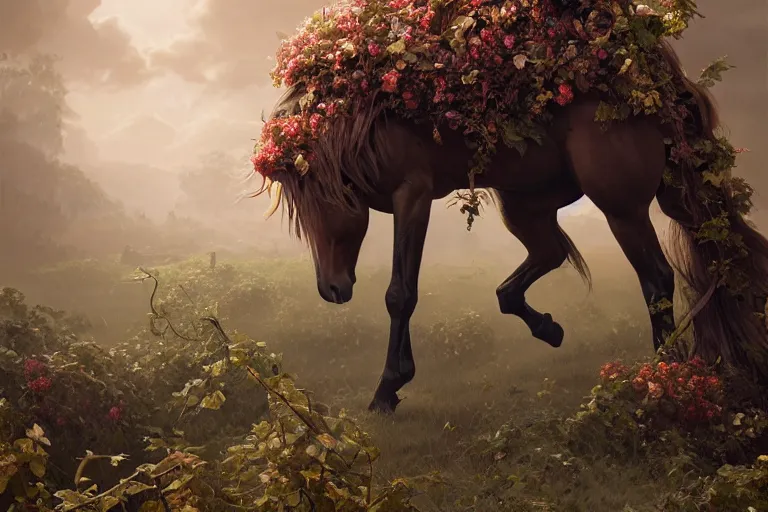 Image similar to a stunning horse with a mane of vines and flowers by greg rutkowski, high key lighting, volumetric light, digital art, highly detailed, fine detail, intricate, ornate, complex, octane render, unreal engine, photorealistic